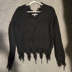 Black Distressed V-Neck Knit Sweater
